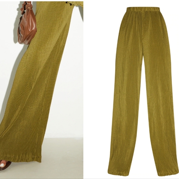 NEW PrettyLittleThing Tall Olive Plisse High Waisted Wide Leg Pants Size 16 - Picture 4 of 11